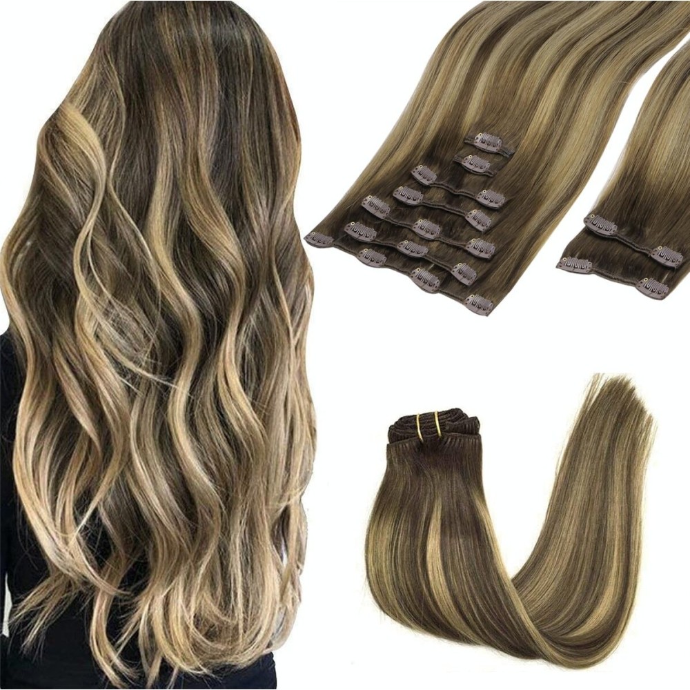 GOO GOO Clip in Hair Extensions Real Human Hair, Remy Human Hair Extensions Clip ins for Women, Natural Human Hair, 20inch 150g 9Pcs, 4/27/4 Balayage Chocolate Brown to Caramel Blonde