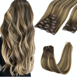 GOO GOO Clip in Hair Extensions Real Human Hair, Remy Human Hair Extensions Clip ins for Women, Natural Human Hair, 20inch 150g 9Pcs, 4/27/4 Balayage Chocolate Brown to Caramel Blonde