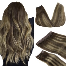 GOO GOO Wire Hair Extensions Human Hair, 4/26/4 Chocolate Brown with Honey Blonde Balayage 14inch 105g, Invisible Wire Hair Extensions with Transparent, Seamless Fish Line Hairpiece