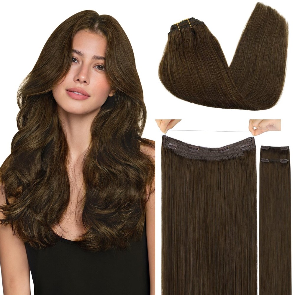 GOO GOO Wire Hair Extensions Human Hair, 4A Chocolate Brown Natural 12inch 100g, Invisible Wire Hair Extensions with Transparent, Seamless Fish Line Hairpiece