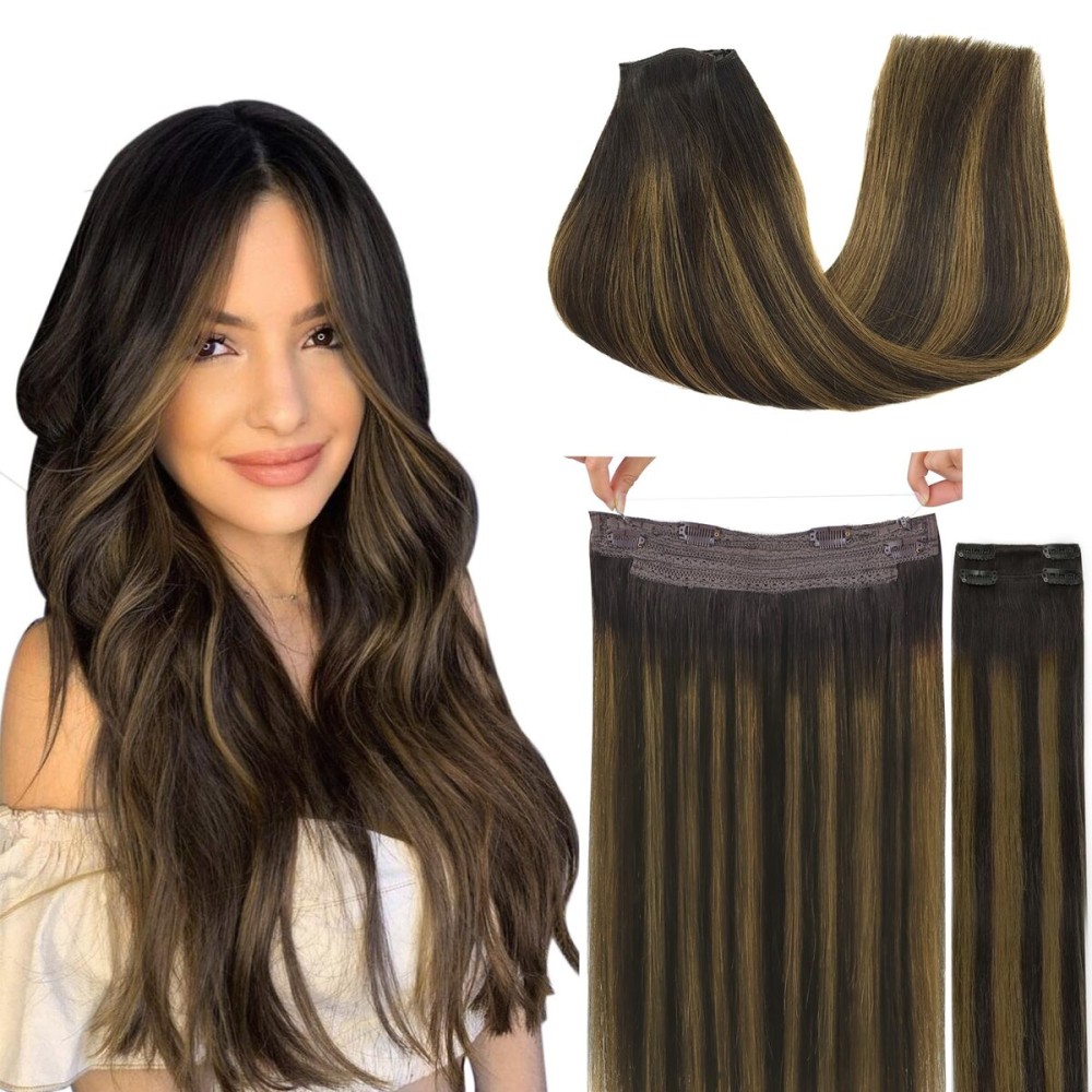 GOO GOO Wire Hair Extensions Human Hair, 2/6/2 Dark Brown with Chestnut Brown Balayage 12inch 100g, Invisible Wire Hair Extensions with Transparent, Seamless Fish Line Hairpiece