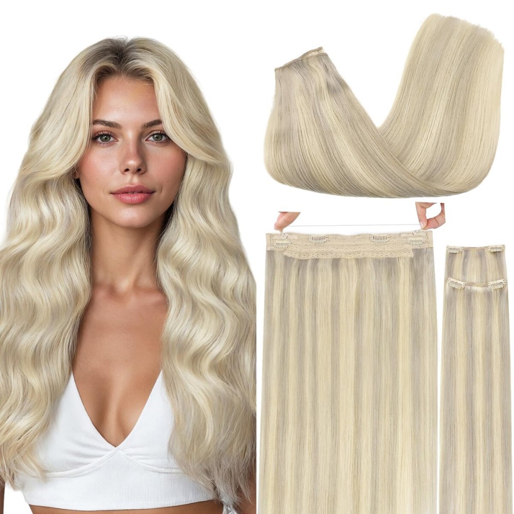 GOO GOO Wire Hair Extensions Human Hair, 17A/60A Ash Blonde mix Platinum Blonde Highlighted 12inch 100g, Invisible Wire Hair Extensions with Transparent, Seamless Fish Line Hairpiece
