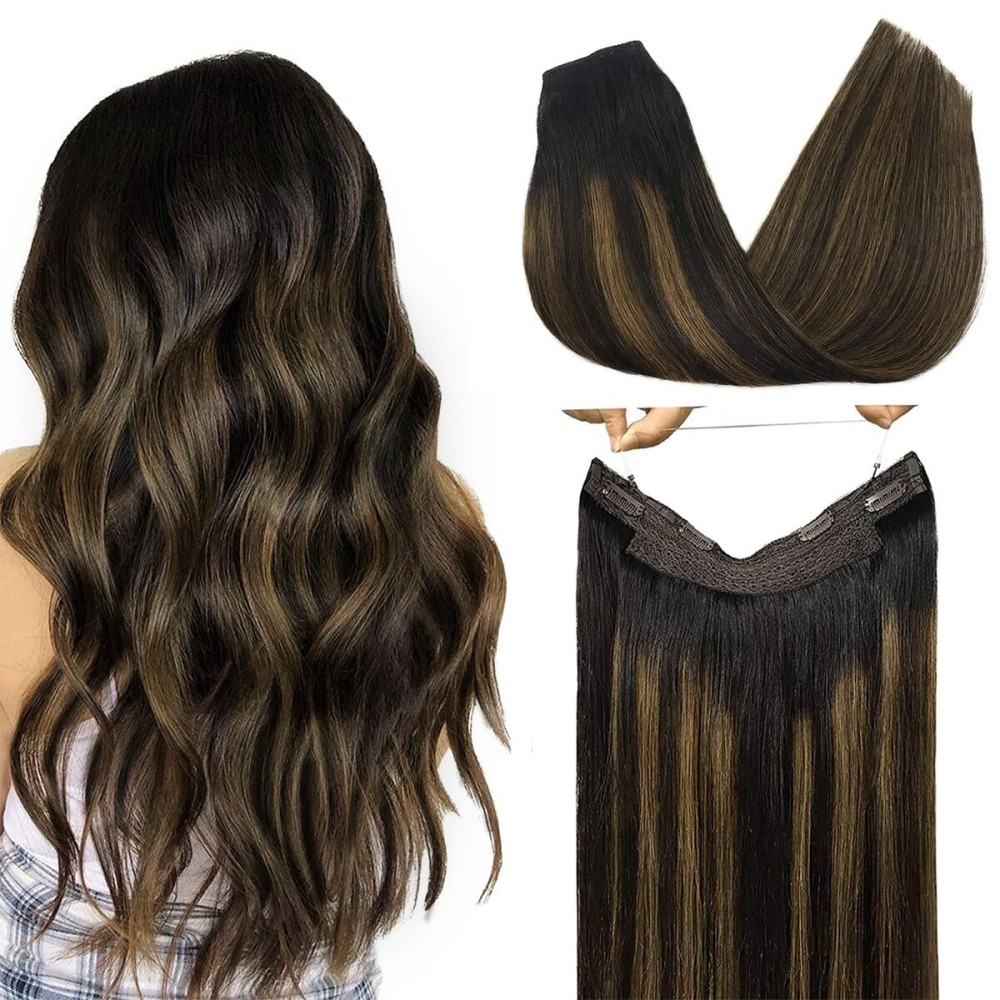 GOO GOO Wire Hair Extensions Human Hair, 1B/6/1B Natural Black with Chestnut Brown Balayage 16inch 125g, Invisible Wire Hair Extensions with Transparent, Seamless Fish Line Hairpiece
