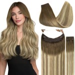 GOO GOO Wire Hair Extensions Human Hair, 3/8/613 Walnut Brown with Ash Brown and Bleach Blonde Balayage 12inch 100g, Invisible Wire Hair Extensions with Transparent, Seamless Fish Line Hairpiece