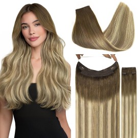 GOO GOO Wire Hair Extensions Human Hair, 3/8/613 Walnut Brown with Ash Brown and Bleach Blonde Balayage 12inch 100g, Invisible Wire Hair Extensions with Transparent, Seamless Fish Line Hairpiece