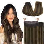 GOO GOO Wire Hair Extensions Human Hair, 2/6/2 Dark Brown with Chestnut Brown Balayage 14inch 105g, Invisible Wire Hair Extensions with Transparent, Seamless Fish Line Hairpiece