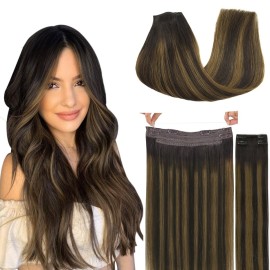 GOO GOO Wire Hair Extensions Human Hair, 2/6/2 Dark Brown with Chestnut Brown Balayage 14inch 105g, Invisible Wire Hair Extensions with Transparent, Seamless Fish Line Hairpiece