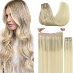 GOO GOO Wire Hair Extensions Human Hair, 17/22/60 Ash Blonde with Golden Blonde and Platinum Blonde Balayage 14inch 105g, Invisible Wire Hair Extensions with Transparent, Seamless Fish Line Hairpiece