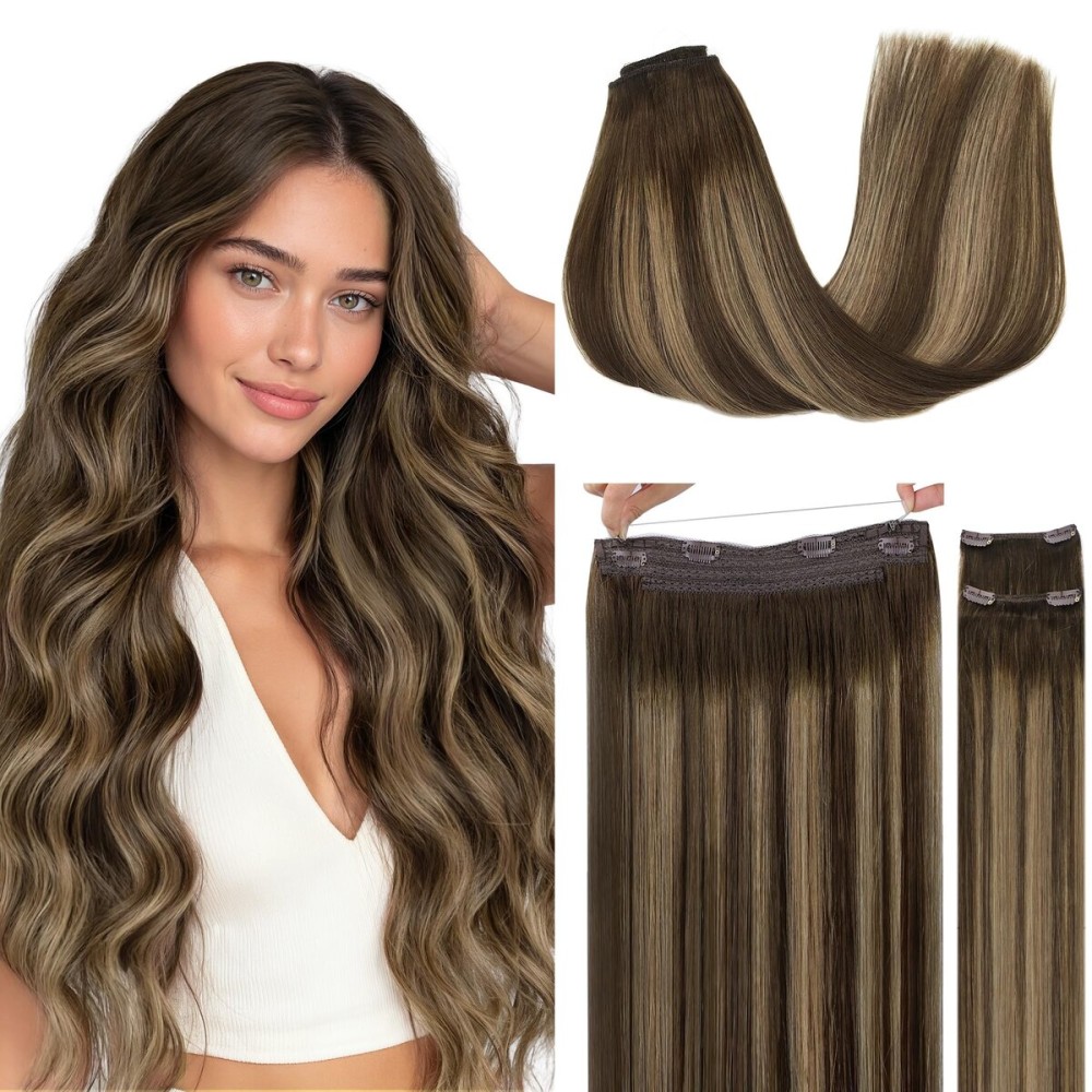 GOO GOO Wire Hair Extensions Human Hair, 4/27/4 Chocolate Brown with Caramel Blonde Balayage 16inch 125g, Invisible Wire Hair Extensions with Transparent, Seamless Fish Line Hairpiece