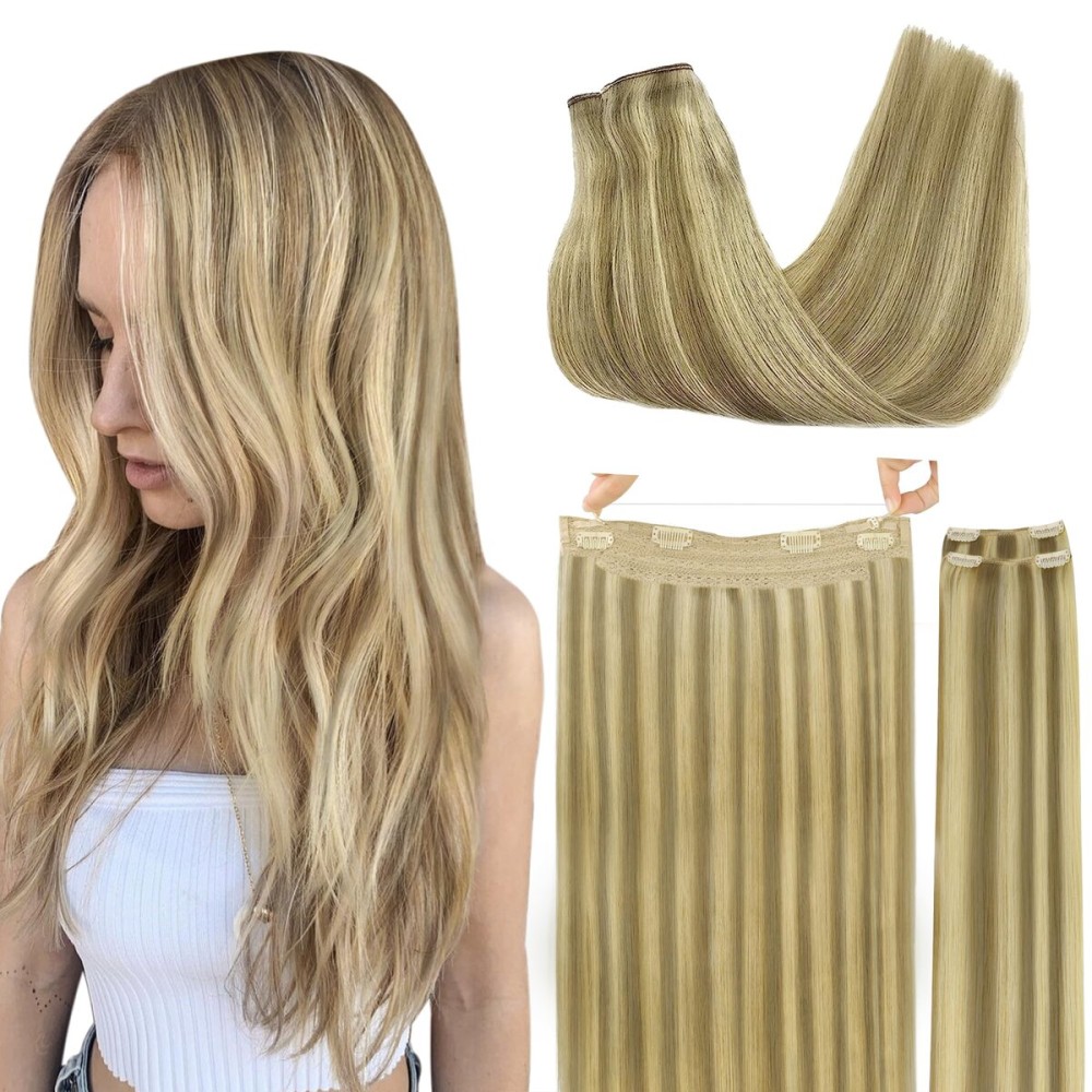 GOO GOO Wire Hair Extensions Human Hair, 16/22 Light Blondewith mix Golden Blonde Highlighted 14inch 105g, Invisible Wire Hair Extensions with Transparent, Seamless Fish Line Hairpiece