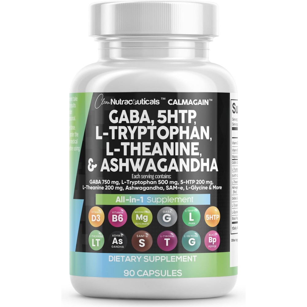 Clean Nutraceuticals GABA 750mg 5 HTP 200mg L Tryptophan 500mg L Theanine 200mg Ashwagandha SAM-e L-Glycine - Mood Support Vitamins for Women and Men with L-Tyrosine 5-HTP (5-Hydroxytryptophan)