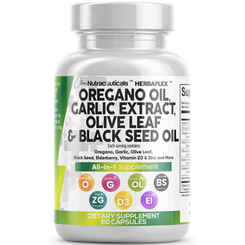 Clean Nutra Oregano Oil with Black Seed Oil Garlic Olive Leaf Extract - Oil of Oregano Capsules Immune Support Carvacrol & Thymoquinone Supplement for Women and Men + Elderberry Vitamin D3 & Zinc