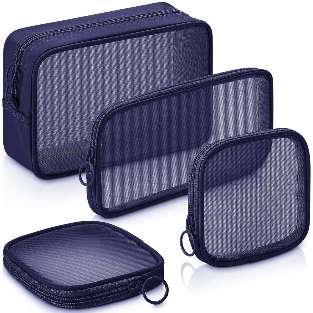 Weewooday 4 Pcs Mesh Makeup Bag Mesh Cosmetic Bag Travel Toiletry Pouch with Zipper Mini Makeup Cosmetic Purse for Daily Accessory(Small, Large, Medium,Navy Blue)