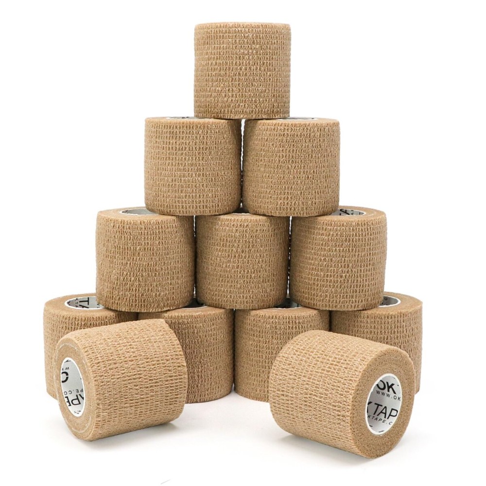 OK TAPE 12 Rolls Self Adhesive Bandage Wrap, Elastic Athletic Tape, Self Stick Bandage Tape, Vet Wrap, Medical Wrap for Wrist, Feet, 2 x 5 Yards - Beige