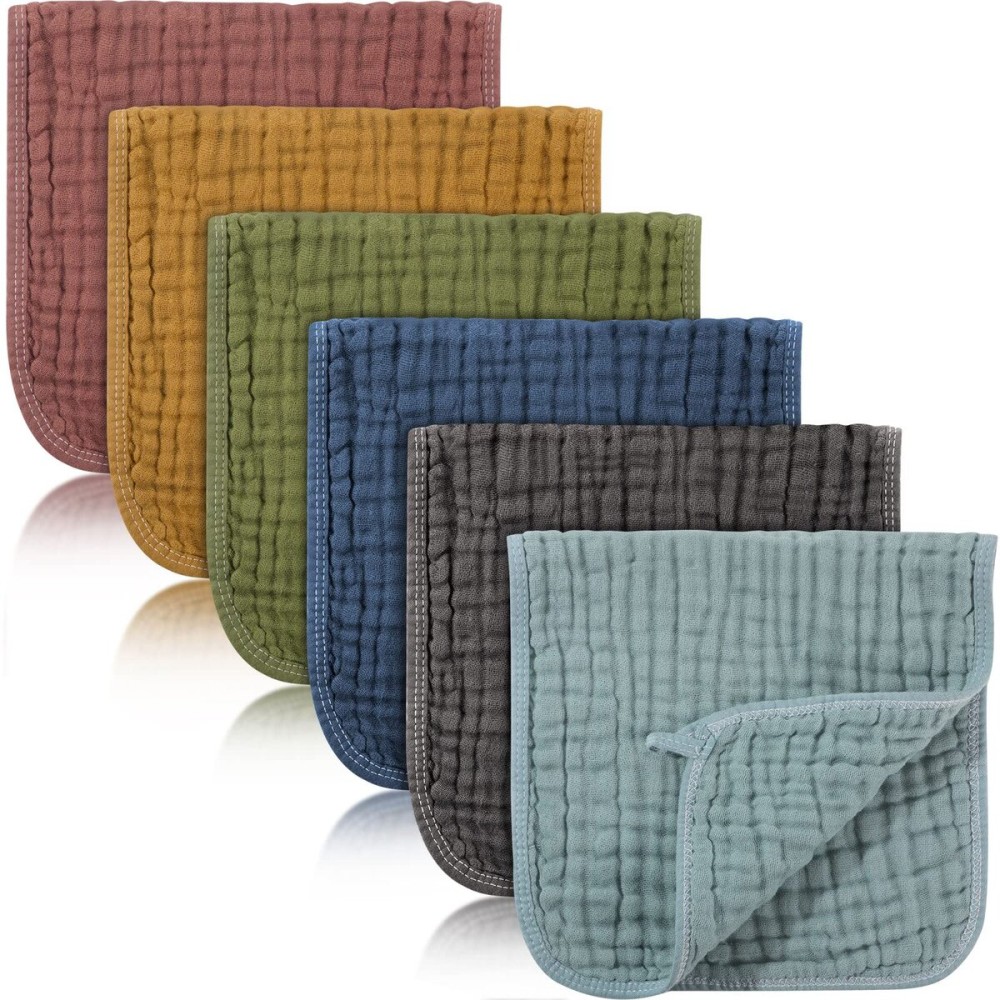 Hicarer 6 Count Muslin Burp Cloths Cotton Baby Burping Rags Large 20 x 10 Inch 6 Layers Spit up Rags Soft Absorbent Multicolor Wash Cloths Diapers for Newborn Baby Girl Boy(Elegant Colors Series)