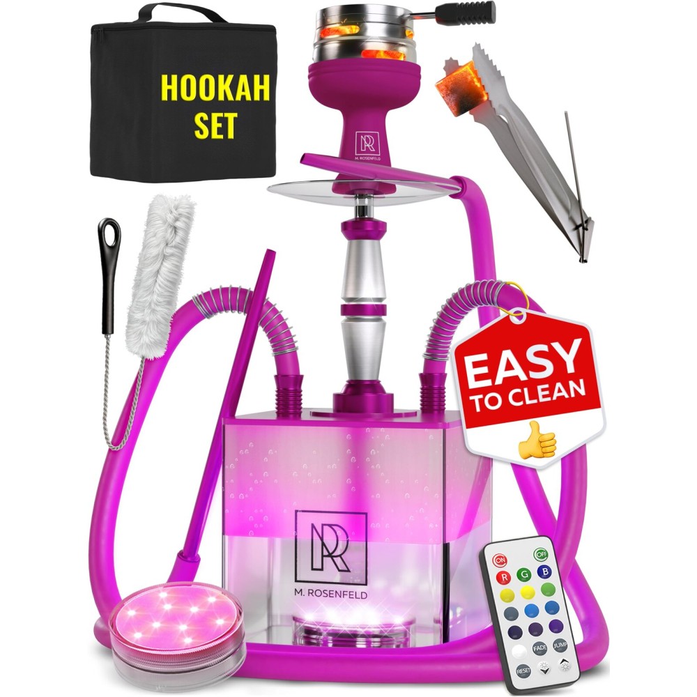 Purple Hookah Set 2 Hose - Purple Hookah Set with Everything - YADO Square Hooka With Case with Hookah Coal Holder & Amazing Led Light Remote & Big Silicone Bowl & Bag for Shisha