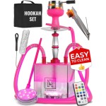 Pink Hookah Set with Everything - Hookah Set 2 Hose - YADO Square Shisha To Go with Hooka Charcoal Holder and Big Silicone Pink Bowl and Bag for Shisha Hooka Set