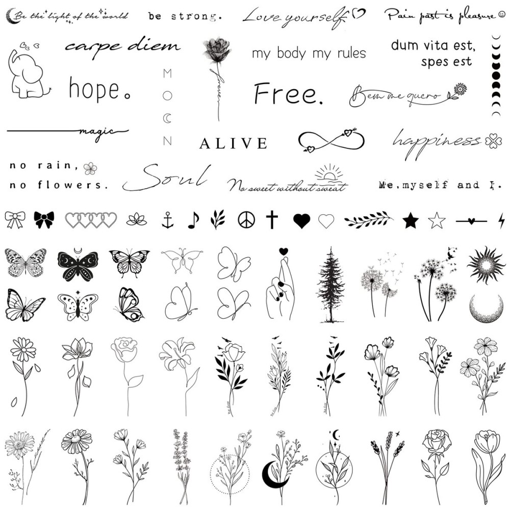 Realistic Temporary Tattoos for Women - 60 Sheets Tiny Small Removable Adult Fake Tattoos,185 Pcs Minimalist Waterproof Inspirational Quotes Words Wild Flower Floral Bouquet Adults Tattoo Stickers