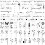 Realistic Temporary Tattoos for Women - 60 Sheets Tiny Small Removable Adult Fake Tattoos,185 Pcs Minimalist Waterproof Inspirational Quotes Words Wild Flower Floral Bouquet Adults Tattoo Stickers