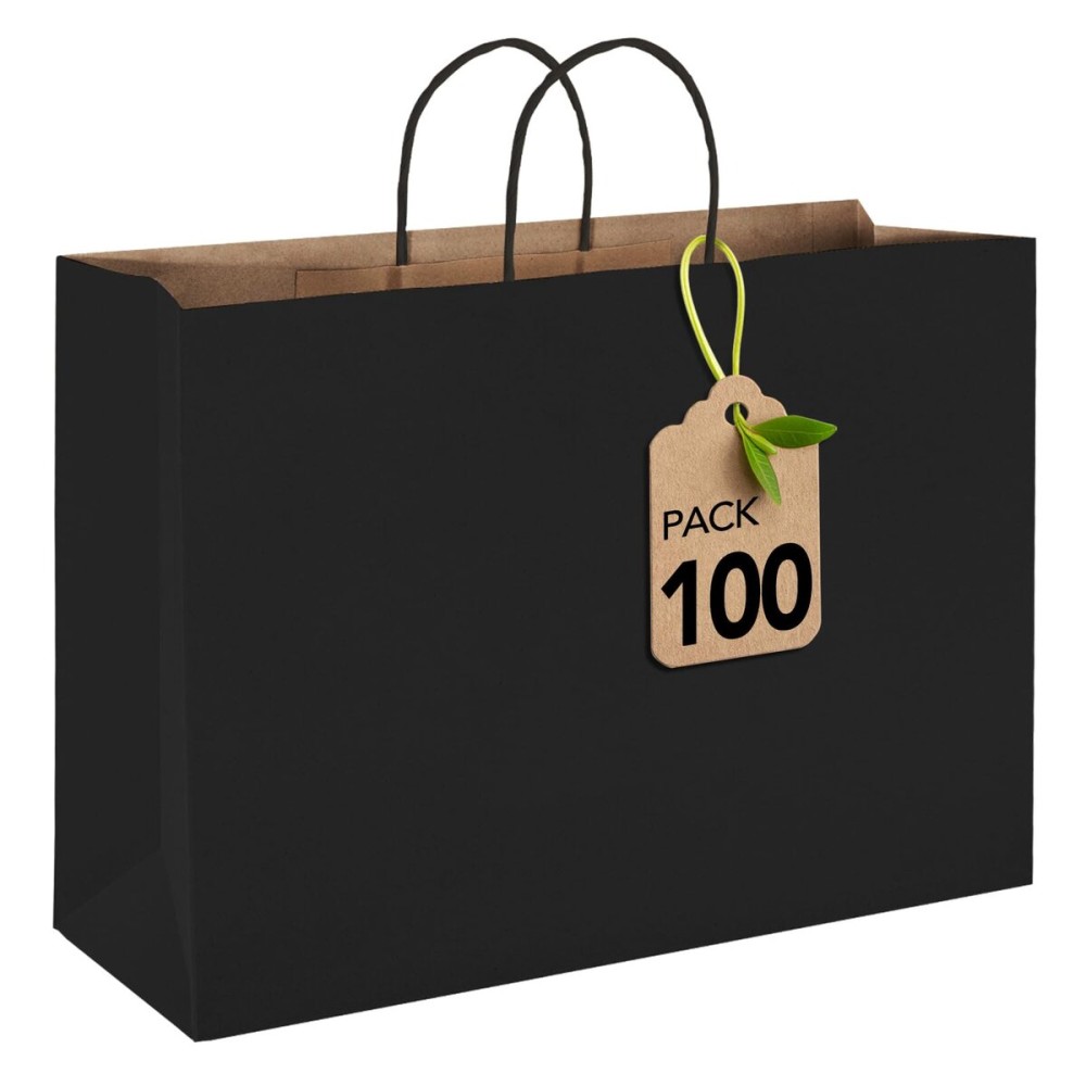 MESHA Gift Paper Bags Black 16x6x12 Inch 100 Pack Large Shopping Kraft Gift Bags with Handles Bulk for Party Recycled Party Favor