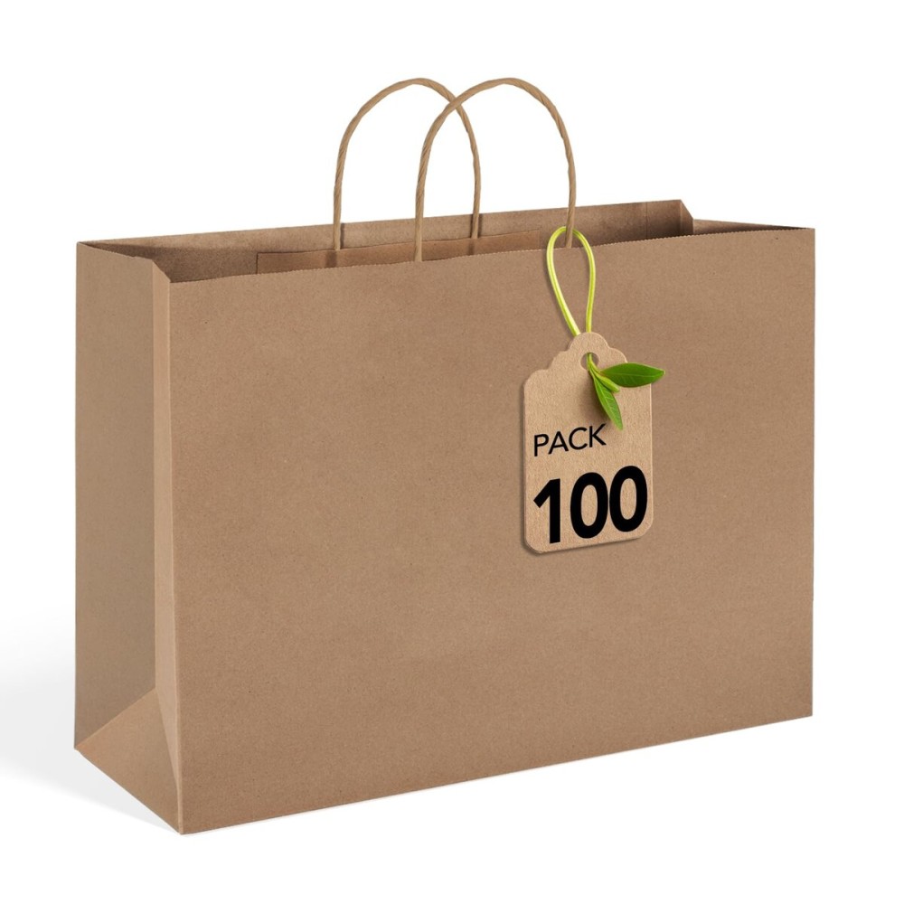 MESHA Gift Paper Bags Brown with Handles 16x6x12\'\' 100PC,Large Kraft Gitf Bags with Handle Bulk,Kraft Shopping Bag for Small Business, Party, Recycled