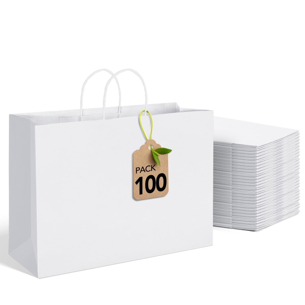MESHA White Large Paper Bags 16x6x12 Inch 100 Pack Kraft Shopping Gift Bags with Handles Bulk for Small Business, Party, Recycled