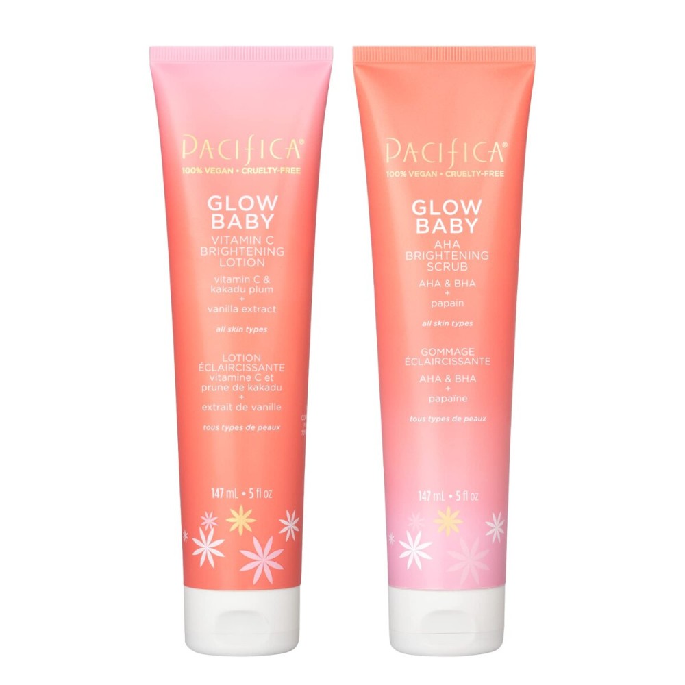 Pacifica Glow Baby Body Lotion & AHA Scrub Set - Brightening Vitamin C Body Lotion (5 oz) + AHA Exfoliating Body Scrub, 2-Step Radiance Duo for Smooth Glowing Skin, Vegan