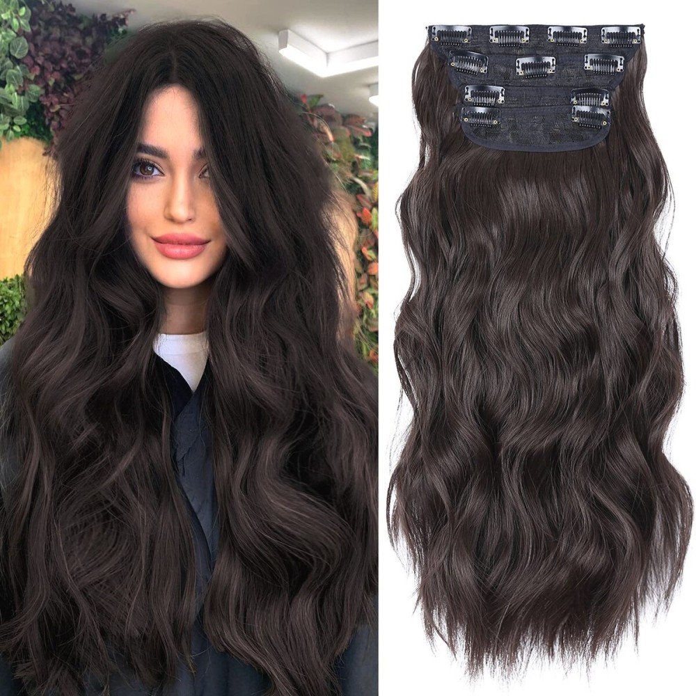 Clip in Hair Extensions 4PCS Brown Black Thick Hair Piece 20 Inches Long Wavy Clip in Extensions Full Head Synthetic Hairpieces for Women (4pcs, 20Inch, 4)