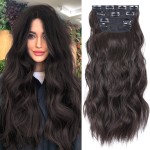 Clip in Hair Extensions 4PCS Brown Black Thick Hair Piece 20 Inches Long Wavy Clip in Extensions Full Head Synthetic Hairpieces for Women (4pcs, 20Inch, 4)