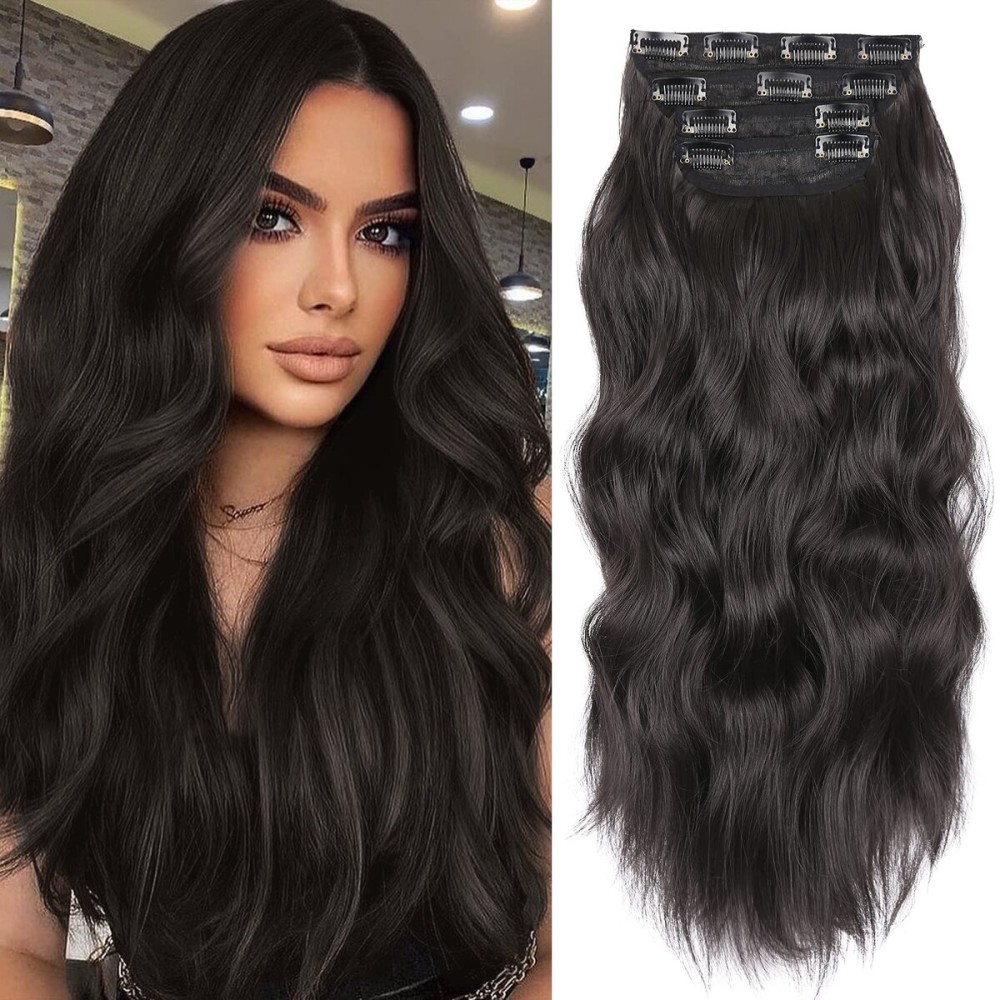 Clip in Synthetic Hair Extensions Long Wavy 4PCS Thick Hairpieces Black Brown Fiber Double Weft Natural Hair Extensions 20 Inch for Women (4pcs, 20Inch, 2)