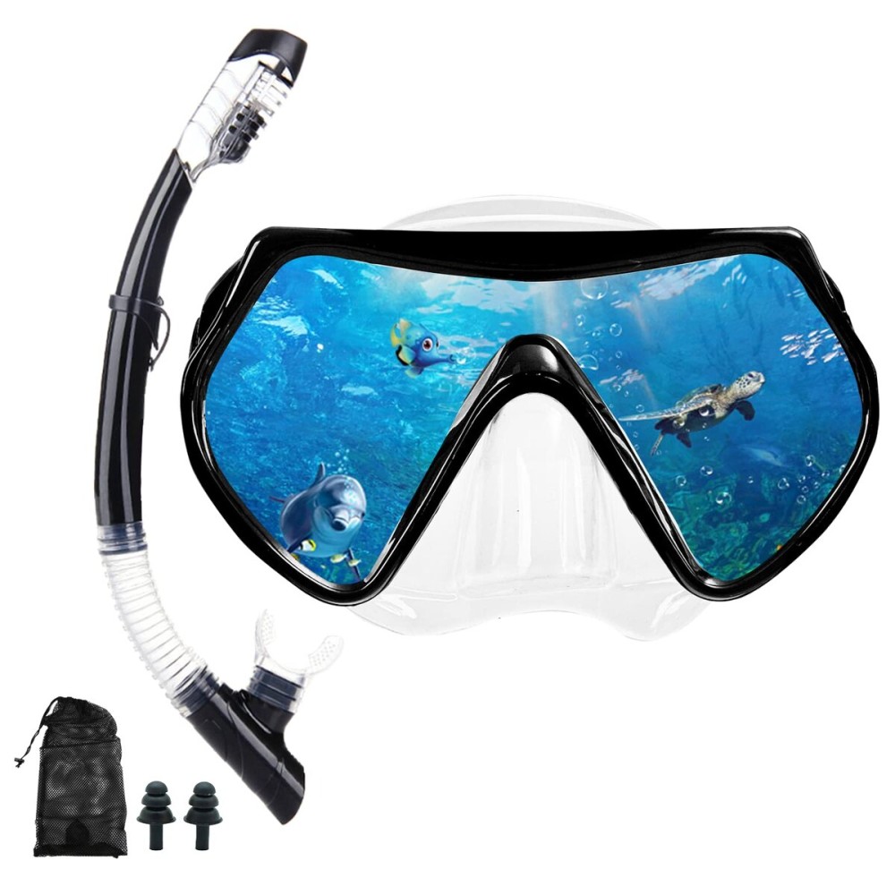 Snorkel mask Snorkeling Set for Adults and Youth, Diving mask and Full Dry Snorkel Swim Googles is Suitable for Snorkeling, Dive Scuba Diving, Swimming (Black-Transparent)