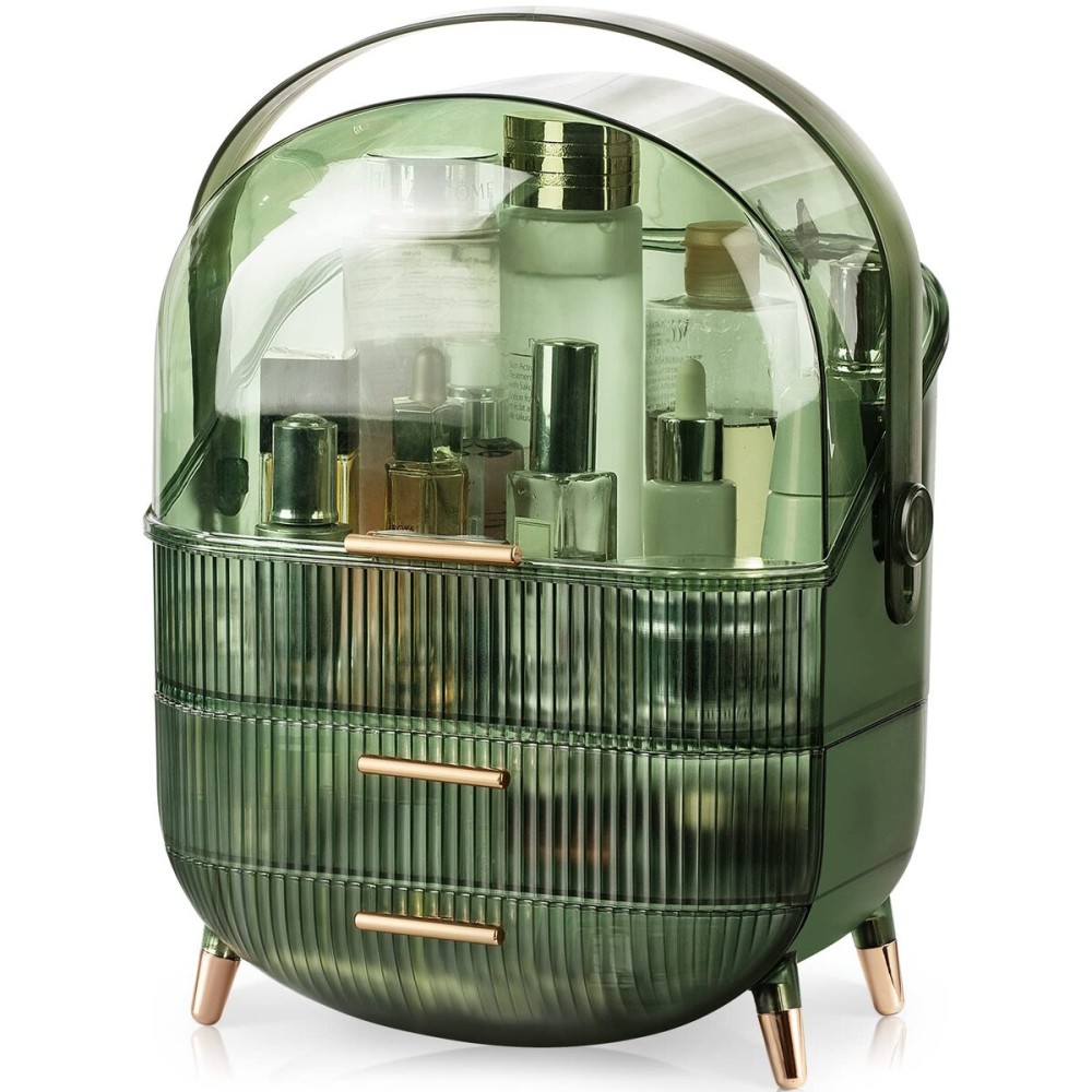 CANITORON Makeup Organizer,Large Capacity Skincare Organizer for Vanity,Cosmetic Organizer with 2 Drawers and Transparent Cover for Bedroom Countertop and Bathroom Countertop Storage.(LGreen)