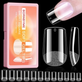 Short Square Soft Gel Nail Tips, BORNBYME 600 PCS Pre Buff Full Cover Shaped Nail Extenison Tips Half Matte Gel X Nail Tips Acrylic False Nail Tips