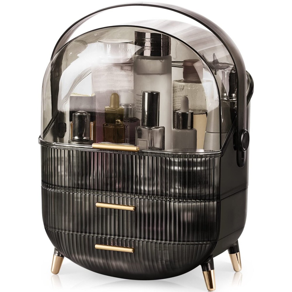 CANITORON Makeup Organizer,Large Capacity Skincare Organizer for Vanity,Cosmetic Organizer with 2 Drawers and Transparent Cover for Bedroom Countertop and Bathroom Countertop Storage.(Gray)