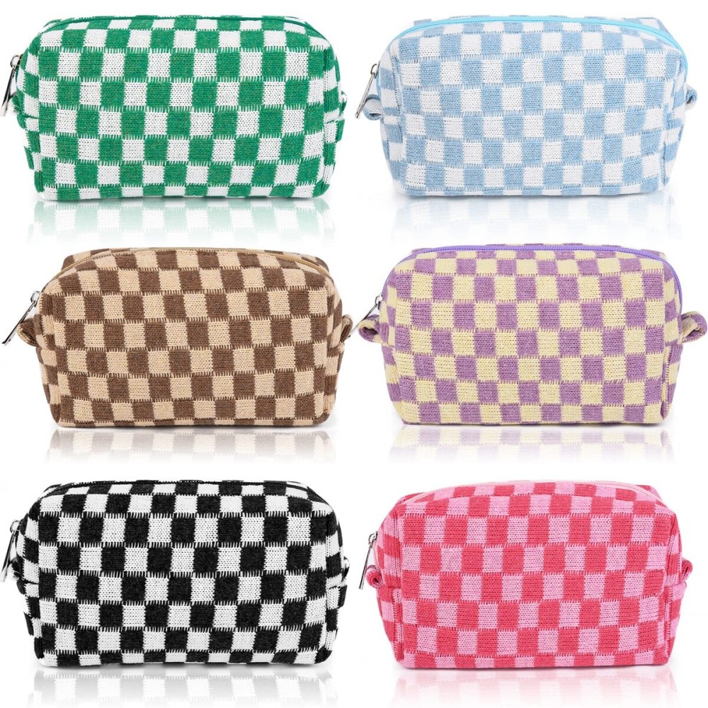 SOIDRAM 6 Pcs Checkered Makeup Bag Preppy Cosmetic Bag Bulk Pink Black Makeup Pouch Personalize Travel Toiletry Bag Organizer Cute DIY Makeup Brushes Storage Bag for Women