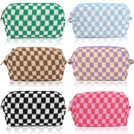 SOIDRAM 6 Pcs Checkered Makeup Bag Preppy Cosmetic Bag Bulk Pink Black Makeup Pouch Personalize Travel Toiletry Bag Organizer Cute DIY Makeup Brushes Storage Bag for Women