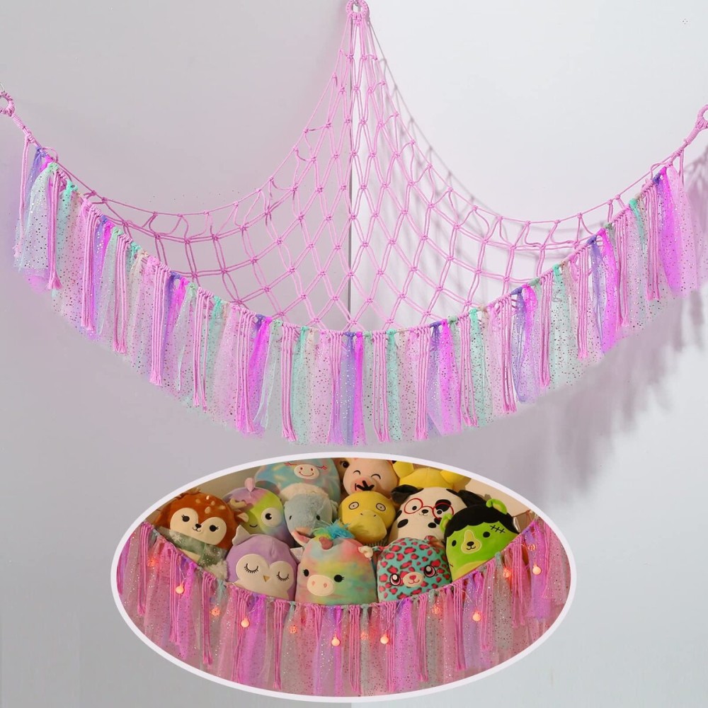 Stuffed Animal Storage Macrame Boho Plush Toy Net Hammock for Stuffed Animals with Light Pet Net for Stuffed Animals Corner Hanging Stuffed Animal Holder Teddy Bear Net for Kids Room (Shiny Pink)
