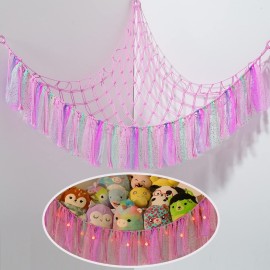 Stuffed Animal Storage Macrame Boho Plush Toy Net Hammock for Stuffed Animals with Light Pet Net for Stuffed Animals Corner Hanging Stuffed Animal Holder Teddy Bear Net for Kids Room (Shiny Pink)