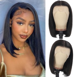 12 Inch Bob Wig Human Hair 13x4 Lace Front Wigs Human Hair Pre Plucked Straight HD Lace Front Wig Short Glueless Wigs Lace Frontal 180 Density Short Wigs for Black Women Bob Wig Natural Color