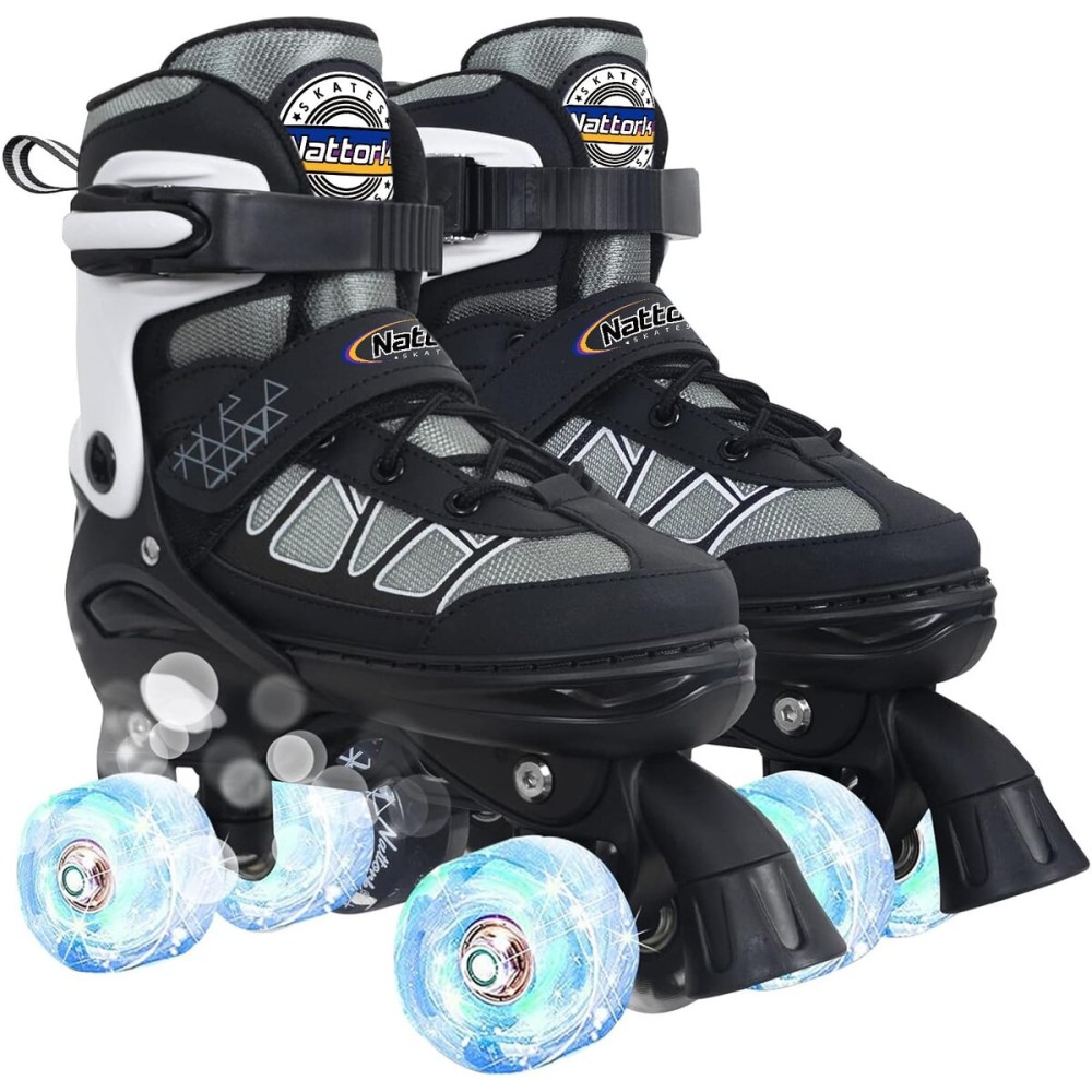 Kids Roller Skates for Boys, Black Adjustable Rollerskates with Light Up Wheels for Teens Youth Ages 6-12 10 11 12, Beginners Outdoor Sports, Best Birthday Gift for Kids