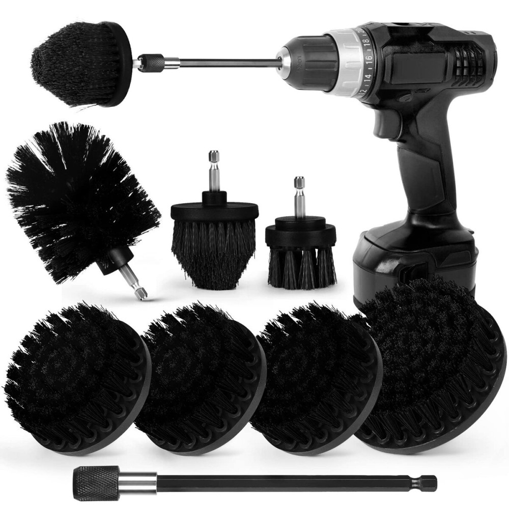 Drill Brush Attachment Set, 7 Pack 1/4in Power Scrubber Brush + Extend Long Rod, Brush Drill Attachment, Power Cleaning Scrub Brush for Bathroom, Tub, Tile, Corner, FloorBlack