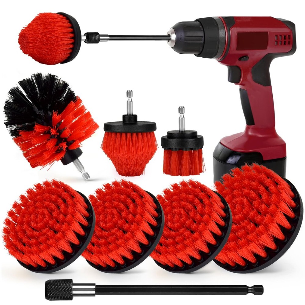 Drill Brush Attachment Set, 7 Pack 1/4in Power Scrubber Brush + Extend Long Rod, Multi-Purpose Power Cleaning Scrub Brush for Bathroom, Tub, Tile, Corner, Floor(Red)