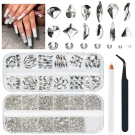 qiipii 4080Pcs Silver Clear Nail Rhinestones Multi Shapes Flatback Crystal White Gems +Round Beads K9 Glass Stones Diamonds Jewels Nail Art Charms Supplies for Nails Faces Eyes Makeup DIY Crafts Phone