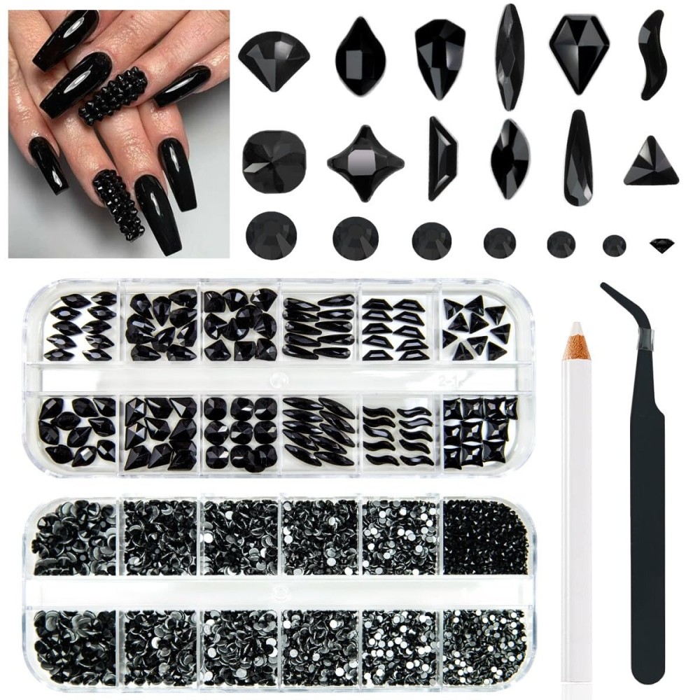 qiipii 4080Pcs Black Nail Rhinestones Multi Shapes Flatback Jet Black Gems for Nails Round Beads K9 Glass Nail Crystals Stones Diamonds jewels Nail Art Supplies Charms for Nail Face Eyes Makeup Crafts