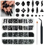 qiipii 4080Pcs Black Nail Rhinestones Multi Shapes Flatback Jet Black Gems for Nails Round Beads K9 Glass Nail Crystals Stones Diamonds jewels Nail Art Supplies Charms for Nail Face Eyes Makeup Crafts