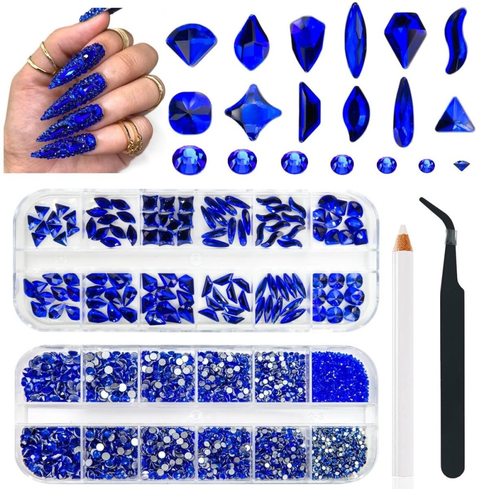 qiipii 4080Pcs Blue Rhinestones Sapphire Nail Stones Multi Shapes K9 Glass Flatback Royal Blue Crystals Gems Diamonds jewels Nail Art Supplies Charms Decor for Nails Face Eyes Makeup Body DIY Crafting