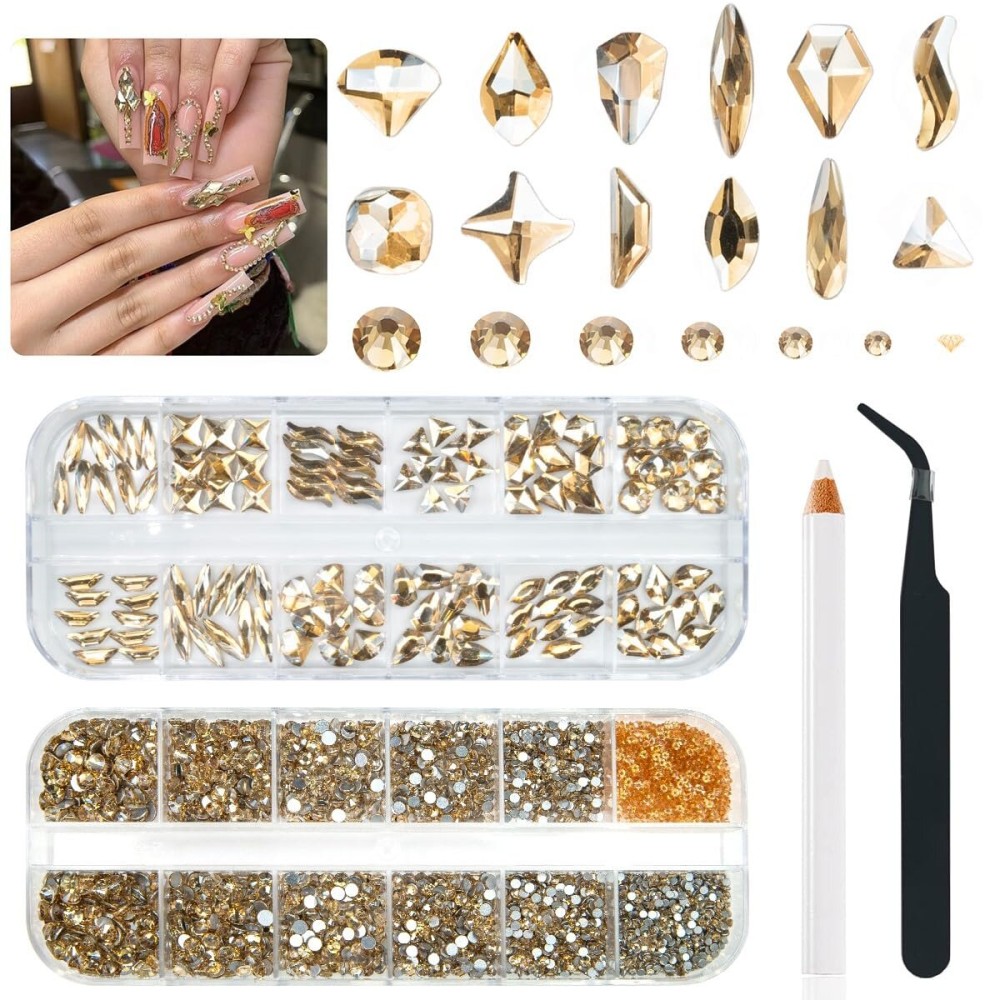 qiipii 4080Pcs Champagne Golden Nail Rhinestones Flatback Gold Crystals Gems Round Beads K9 Glass Stones Diamonds Jewels Nail Art Supplies Nail Charms Supplies for Nails Faces Eyes Makeup Body Beauty