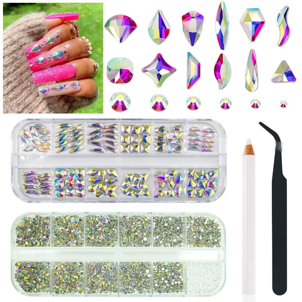 qiipii 4080Pcs Crystal AB Nail Rhinestones Multi Shapes Flatback Crystal White AB Gems Round Beads K9 Glass Stones Diamonds jewels Nail Art Supplies Nail Charms for Nails Faces Eyes Makeup DIY Crafts