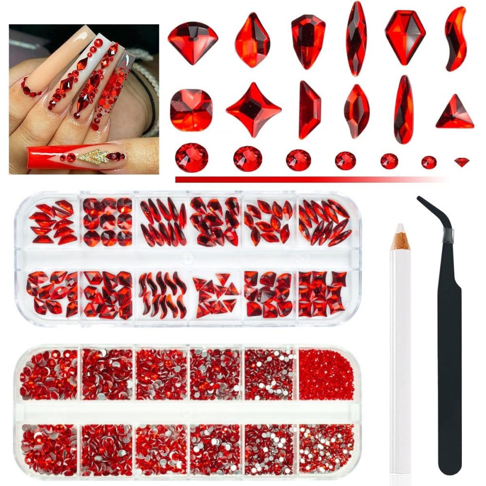 qiipii 4080Pcs Red Nail Rhinestones Multi Shapes Ruby Rhinestones for Nails 1.5-4mm Crystal Gems Siam Red Round Flatback Beads Glass Stones Diamonds jewels Charms for Nails Face Eyes Makeup DIY Crafts