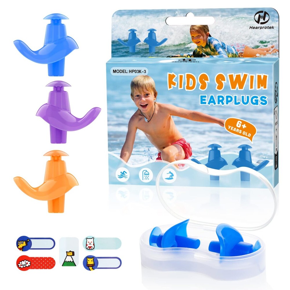 Hearprotek Swimming Ear Plugs, 3 Pairs Soft Waterproof Reusable Earplugs for Swimming Showering Bathing and Other Water Sports Suitable for 6+ Kids(Blue/Orange/Purple)